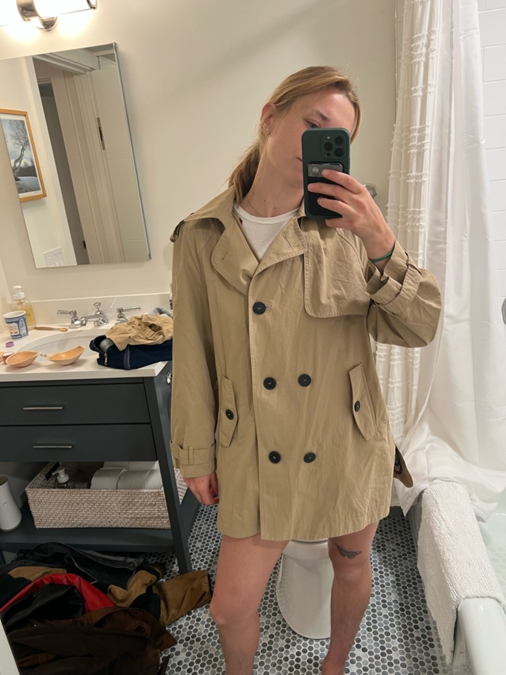 Zara Woman Tan Coat with Burgundy Trim
